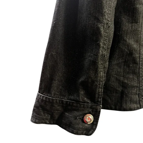 Ruby Rd Denim Jacket Black Embellished 3/4 Sleeve Glam Sparkle Rhinestone 14 - Picture 3 of 10
